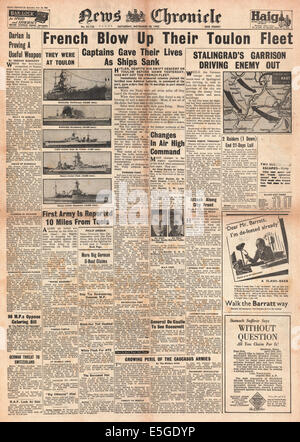 1942 News cronaca front page scuttling di reporting della flotta francese a Tolone Foto Stock