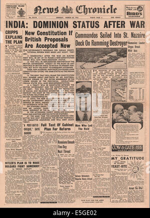 1942 News cronaca front page India report per avere indipendenza dopo la guerra Foto Stock