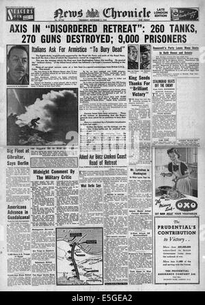 1942 News cronaca pagina anteriore segnalato il ritiro di Rommel e le forze dell'asse in Nord Africa Foto Stock