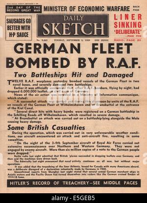 1939 Daily Sketch pagina anteriore reporting RAF bombe Germania settentrionale Foto Stock