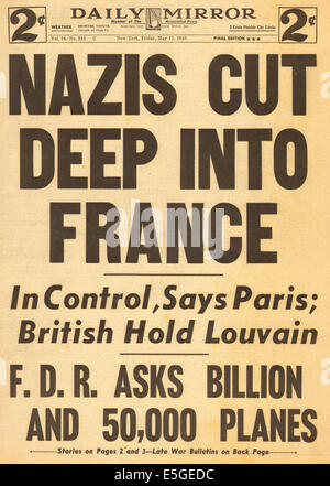 1940 Daily News (New York) pagina anteriore reporting invasione tedesca della Francia Foto Stock