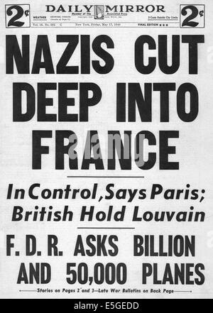 1940 Daily News (New York) pagina anteriore reporting invasione tedesca della Francia Foto Stock