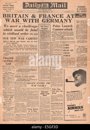 1939 Daily Mail pagina anteriore segnalato la dichiarazione di guerra alla Germania con la Gran Bretagna e la Francia Foto Stock