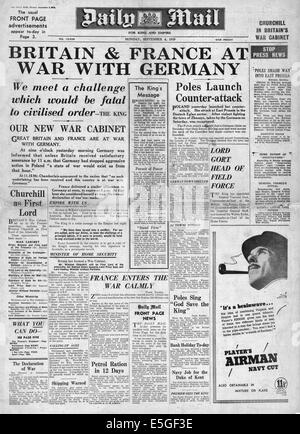 1939 Daily Mail pagina anteriore segnalato la dichiarazione di guerra alla Germania con la Gran Bretagna e la Francia Foto Stock