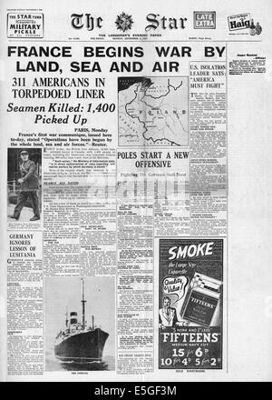 1939 Stella (Londra) pagina anteriore reporting delle forze francesi invadono la Germania e affondamento della nave passeggeri Athenia Foto Stock