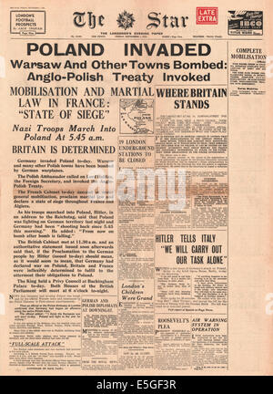 1939 Stella (Londra) pagina anteriore segnalato l invasione della Polonia dalla Germania nazista Foto Stock