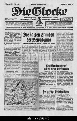 1939 Die Glocke (Germania) pagina anteriore segnalato l invasione della Polonia dalla Germania nazista con un titolo 'Il duro o difficile ore di (nostri) preservazione" Foto Stock