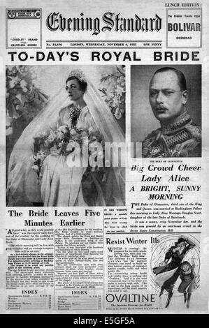 1935 Evening Standard (Londra) pagina anteriore reporting Royal Wedding del duca di Gloucester & Lady Alice Montague-Douglas Scott Foto Stock