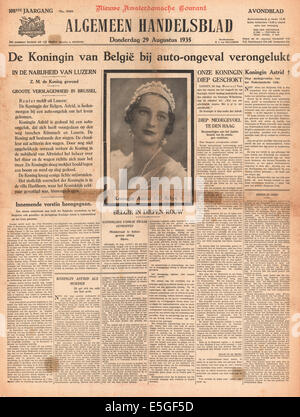 1935 Algemeen Handelsblad (Paesi Bassi) pagina anteriore segnalato la morte della regina Astrid dei belgi Foto Stock