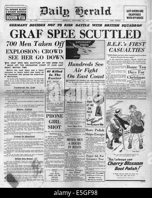 1939 Daily Herald pagina anteriore reporting tedesco corazzata tascabile Admiral Graf Spee autoaffondato Foto Stock