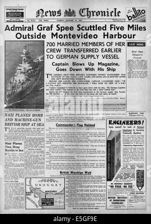 1939 News cronaca pagina anteriore reporting tedesco corazzata tascabile Admiral Graf Spee autoaffondato Foto Stock