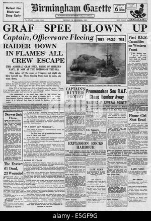 1939 Birmingham Gazette pagina anteriore reporting tedesco corazzata tascabile Admiral Graf Spee e la battaglia del River Plate Foto Stock