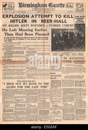 1939 Birmingham Gazette front page assasination reporting tentativo su Adolf Hitler al Burgerbrau sala della birra di Monaco di Baviera Foto Stock