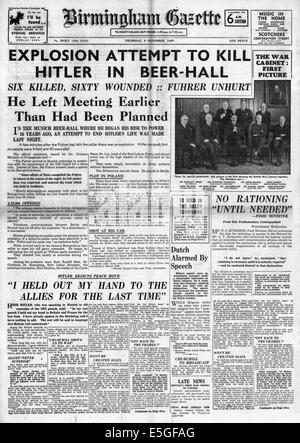 1939 Birmingham Gazette front page assasination reporting tentativo su Adolf Hitler al Burgerbrau sala della birra di Monaco di Baviera Foto Stock