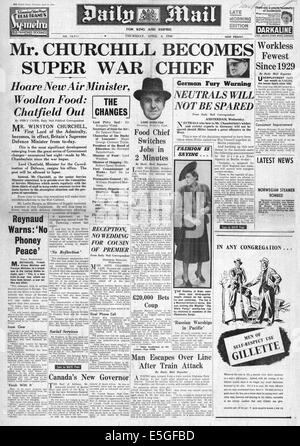 1940 Daily Mail front page reporting Winston Churchill diventa guerra capo Foto Stock