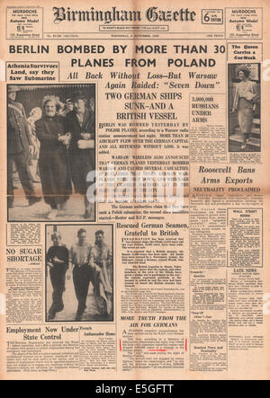 1939 Birmingham Gazette pagina anteriore reporting Aeronautica Militare Polacco bombe Berlin Foto Stock