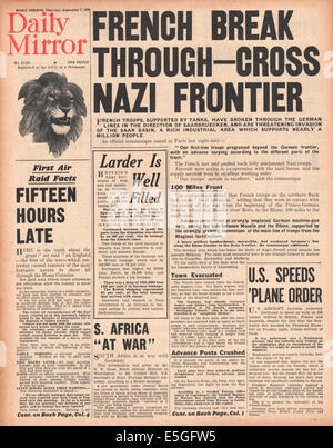 1939 Evening Standard front page reporting front page reporting le truppe francesi rompere la linea di Seigfried e immettere la Germania Saar Foto Stock