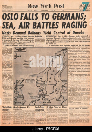 1940 New York Post pagina anteriore reporting Germania invade la Norvegia e Danimarca Foto Stock