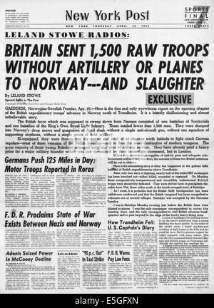 1940 New York Post front page Battaglia di reporting per la Norvegia Foto Stock