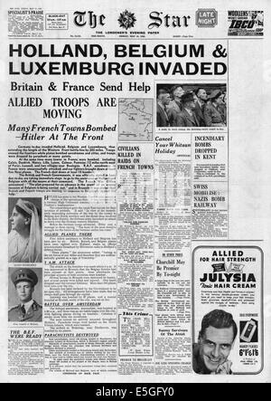 1940 Stella (Londra) pagina anteriore reporting Germania invade l'Olanda, il Belgio e il Lussemburgo Foto Stock