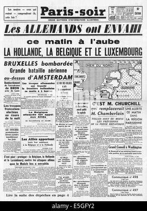 1940 Paris Soir (Francia, seconda edizione) pagina anteriore reporting Germania invade l'Olanda, il Belgio e il Lussemburgo Foto Stock