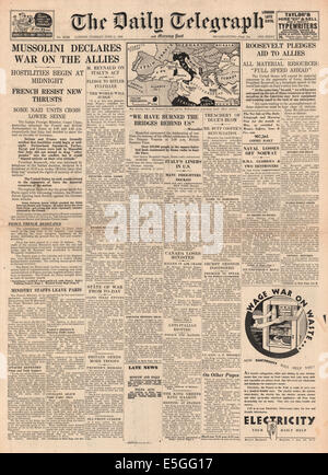 1940 Daily Telegraph front page reporting Italia dichiara guerra alla Francia Foto Stock