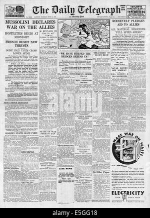 1940 Daily Telegraph front page reporting Italia dichiara guerra alla Francia Foto Stock