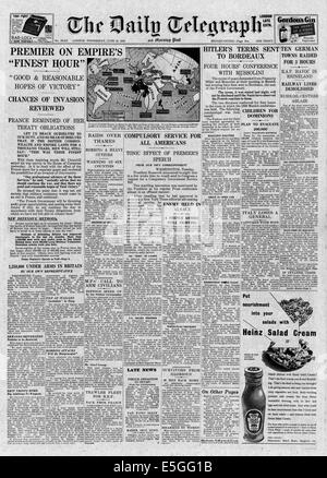 1940 Daily Telegraph front page reporting Finest Hour discorso di Winston Churchill Foto Stock