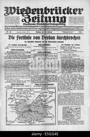 Wiedenbrucke Zeitung (Germania) pagina anteriore reporting battaglia di Verdun tra il tedesco e il francese eserciti Foto Stock