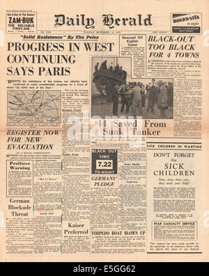 1939 Daily Herald pagina anteriore reporting guerra generale notizie e U-boat minaccia Foto Stock