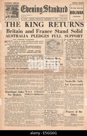 1939 Evening Standard front page reporting George V ritorna a Londra da Balmoral Foto Stock