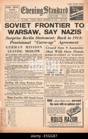 1939 Evening Standard front page tedesco di reporting e di occupazione sovietica della Polonia Foto Stock