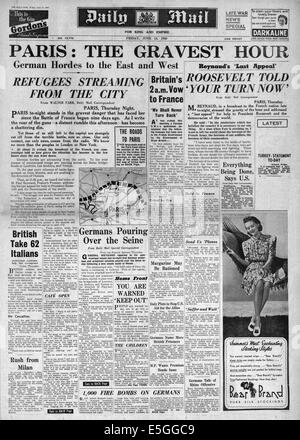 1940 Daily Mail front page reporting Parigi cade per le forze tedesche Foto Stock