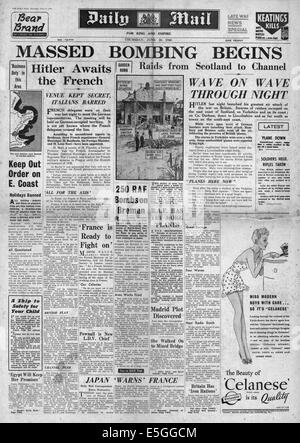 1940 Daily Mail front page reporting Germania inizia campagna di bombardamenti contro la Gran Bretagna Foto Stock