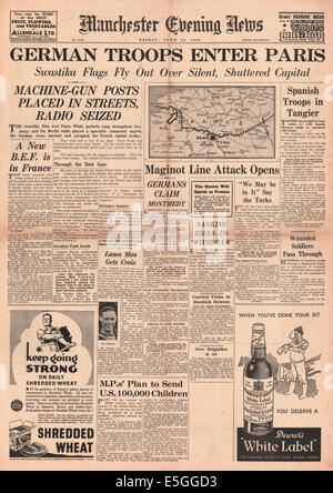 1940 Manchester Evening News front page reporting Parigi cade per le forze tedesche Foto Stock