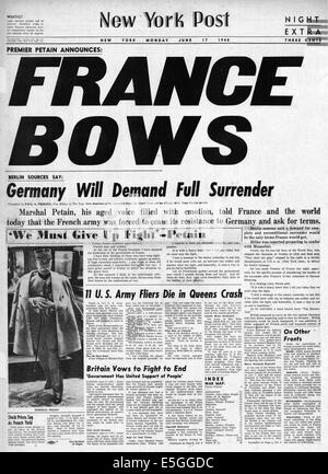 1940 New York Post pagina anteriore reporting Francia si arrende alla Germania Foto Stock