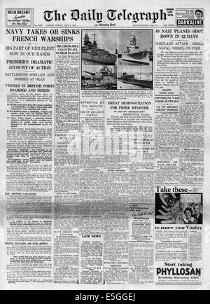 1940 Daily Telegraph front page reporting Marina Francese attaccato dalla Royal Navy in Oran (Mers-el-Kebir) Foto Stock