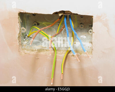 Prese elettriche con fili pronto per il cablaggio in una nuova proprietà o estensione Foto Stock