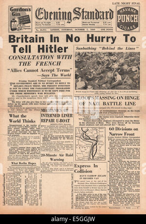 1939 Evening Standard front page reporting ritiene Hitler del piano di pace Foto Stock