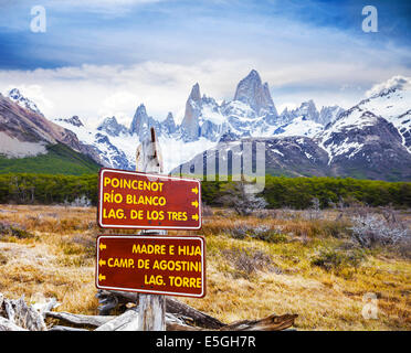 Segni di parco in parco nazionale Los Glaciares, Fitz Roy Mountain Range, Argentina. Foto Stock