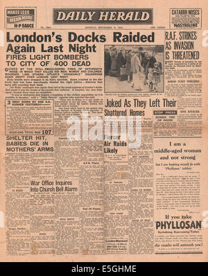 1940 Daily Herald pagina anteriore reporting Luftwaffe bombardamento su Londra Foto Stock