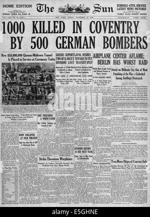 1940 Il Sole (New York) pagina anteriore reporting bombardamenti di Coventry dalla Luftwaffe tedesca Foto Stock