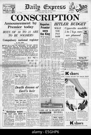 1939 Daily Express front page reporting governo britannico introduce la coscrizione