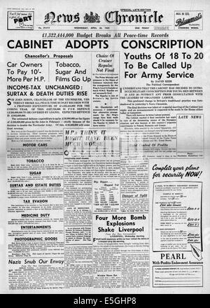 1939 News cronaca pagina anteriore di reporting del governo britannico introduce la coscrizione Foto Stock