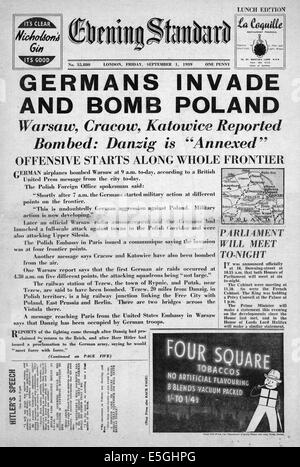 1939 Evening Standard (Londra) pagina anteriore segnalato l invasione della Polonia dalla Germania nazista Foto Stock