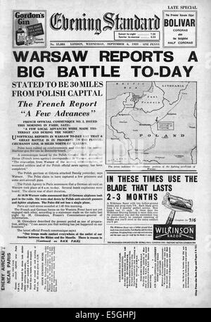 1939 Evening Standard (Londra) front page battaglia di reporting per Varsavia tra il polacco e le forze tedesche Foto Stock