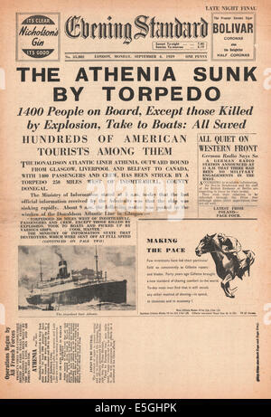 1939 Evening Standard (Londra) pagina anteriore reporting affondamento della Athenia Foto Stock