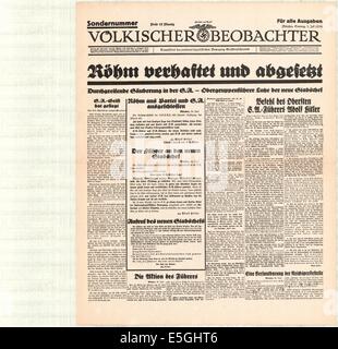 1938 Völkischer Beobachter (Germania) pagina anteriore reporting S.A. leader Ernst Röhm arrestato e respinto Foto Stock