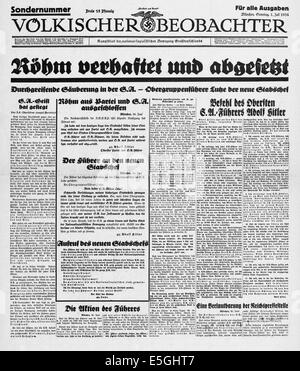 1938 Völkischer Beobachter (Germania) pagina anteriore reporting S.A. leader Ernst Röhm arrestato e respinto Foto Stock