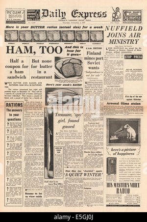 1939 Daily Express front page reporting prosciutto, pancetta e burro sono razionate